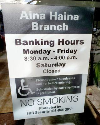 First Hawaiian Bank (Aina Haina Branch) banking hours as of Aug. 25, 2023