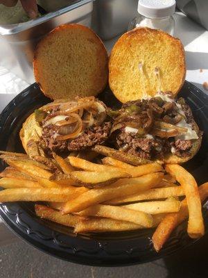 Our signature "Triple" with sauteed onions and green peppers, with a side of fresh, hand cut fries