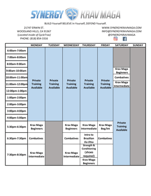 Current Schedule at Synergy Krav Maga. FIRST WEEK FREE!!