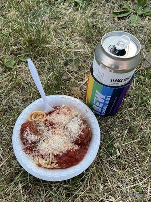 Spaghetti with Meat balls and the exclusive Llama Mia beer brewed for this event.