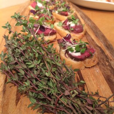 Sirloin Crostini w/ Horseradish Creme Fraiche and Pickled Red Onions