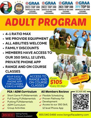 Our new pricing for our adult and junior programs include the option for both on course and off course classes in low 4-1 ratio setting.