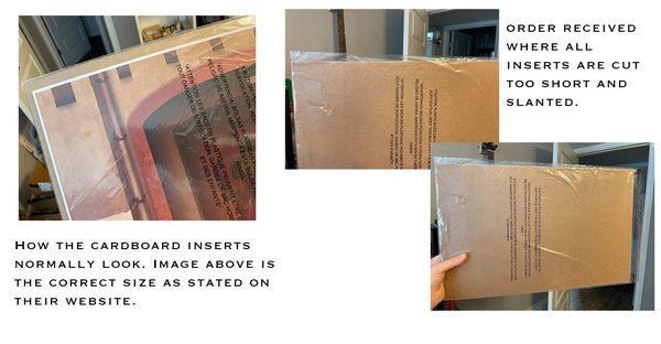 Left is the correct size cardboard insert from Bags Unlimited and on the right is also from Bags Unlimited but is not cut properly.