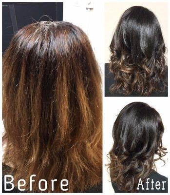 Took her hair from a brassy ombré to a dark brown with caramel balayage pieces