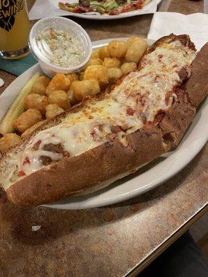 Meatball sub with tater tots and coleslaw