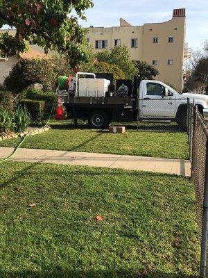 Our Hydro-Jetter in action removing roots from a main line