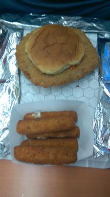 Tenderloin sandwich and cheese sticks.