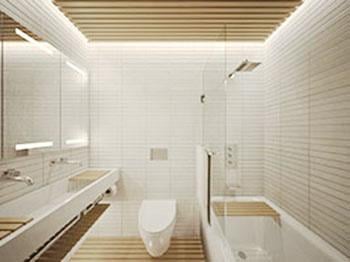 Master bathroom with wood slat ceiling