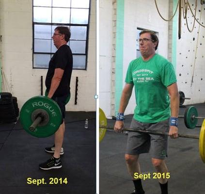 What a difference 1 year makes. 6 hours a week at Crossfit by the Sea and a few modifications to my diet.