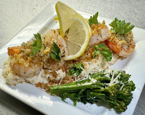 Shrimp Oreganata over Parmesan Risotto and Broccolini