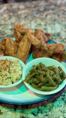 Fried wings , macaroni salad and string beans