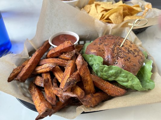 Veggie burger and sweet potato fries.