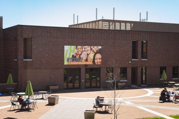 The entrance to the library and student patio