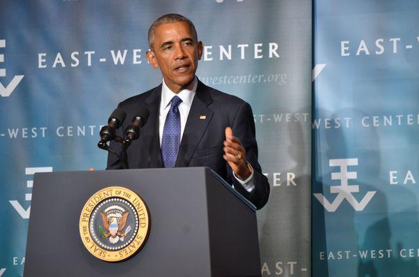 U.S. President Barack Obama addresses Pacific Island leaders and others at the East-West Center in Honolulu.