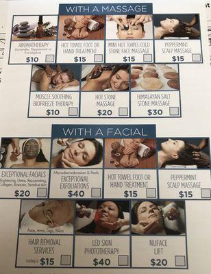 Additional "Add on" options available with massage/facial