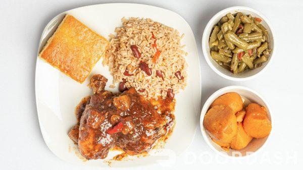 Pineapple Jerk Chikn, Red Beans & Rice, Green Beans, Yammy Yams & Corn read