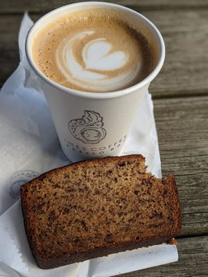 Latte and banana bread.