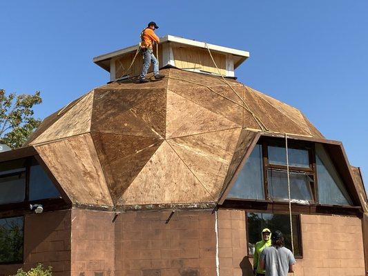 Roof with shingles removed.