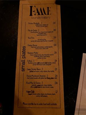 Fame eatery and lounge in Holyoke MA menu