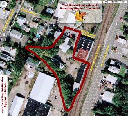 Satellite view of Trod Nossel Recording Studios Compound. Apprx 3 acres, private, fenced, end of a cul de sac, level load in.