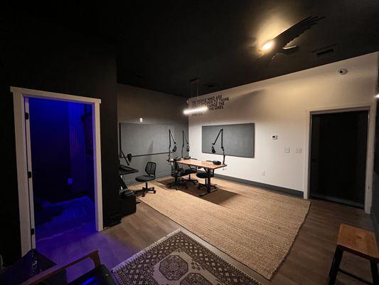 Large soundproofed room with isolation booth for all of your audio recording needs.