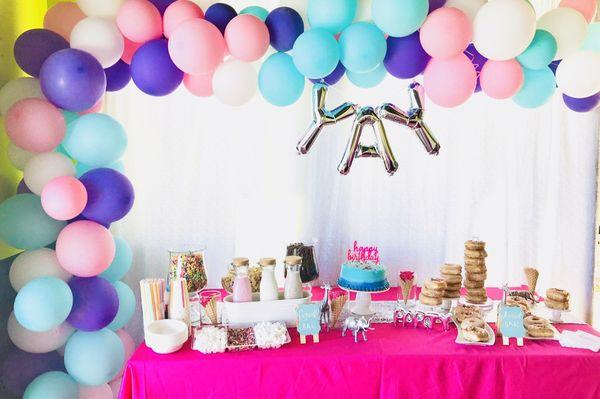 Birthday sweets table, backdrop and balloon arch by Casa D Events