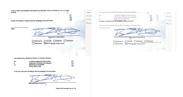 the two on the left, were filed one year ago, the one on the right, this year. The flamboyant signature would be impossible to repeat exactl