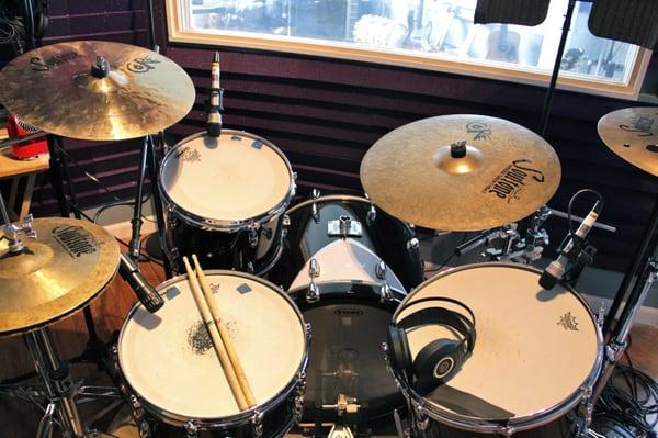 Our old 50 sq ft drum booth and in-house Gretsch kit.