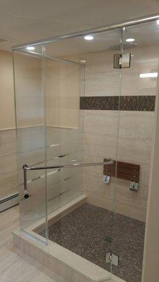 Custom shower with sandblasted strips