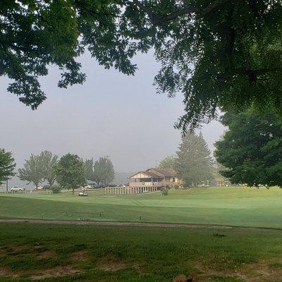 The Golf Lodge in a early morning fog. (View from golf course)