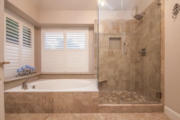 HIGHLAND VILLAGE Bath Remodel:
A complete bathroom remodel (including shower, tub surround, vanity, and floors). Gorgeous.