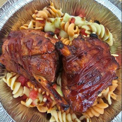 Lollipop pork rip chops w garden pasta salad