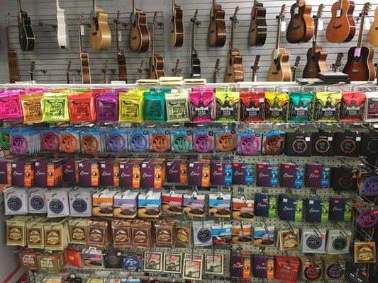 Many types of guitar, bass, & orchestral strings to choose from