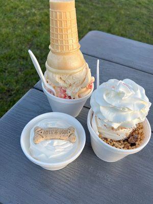 Strawberry Cheesecake soft serve, pup cup, Peanut butter brownie Sundae