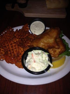 Beer battered cod with sweet potato waffle fries & coleslaw.