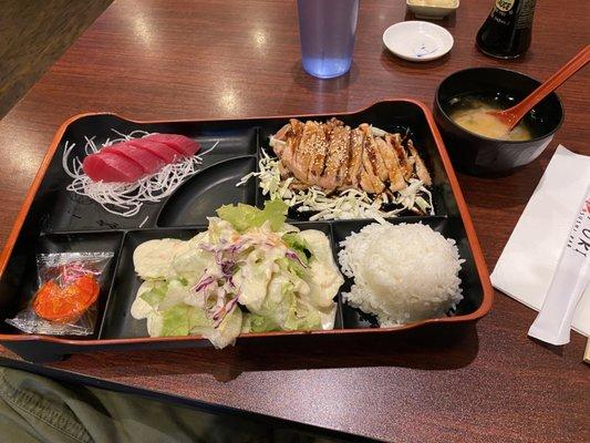 Chicken teriyaki and sashimi bento lunch