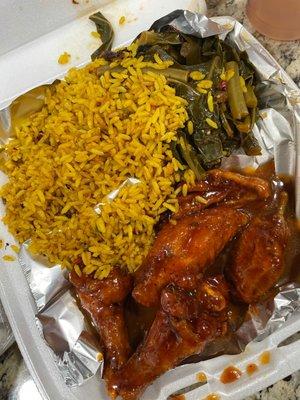 Wings, rice and collards