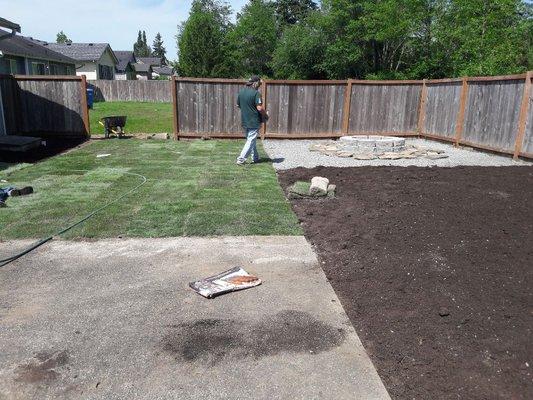 Sod installations, flower beds and concrete block fire pits