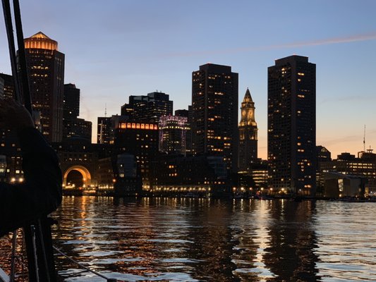 Twilight Skies over the city of Boston. The Schooner Adirondack III. In Boston