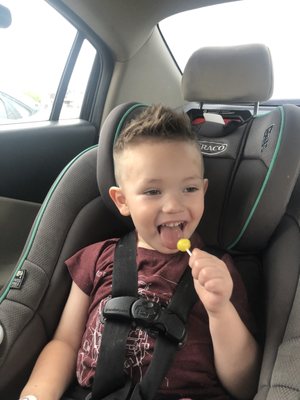 But after being given a dumdum, he was in a great mood! And look at that handsome haircut!