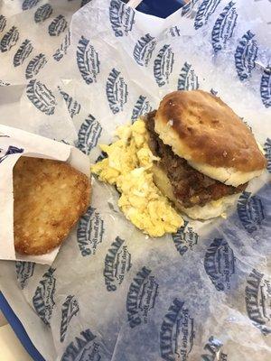 Small (country fried) steak and eggs and small hash brown. Biscuit is great, much softer than it looks!