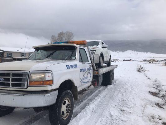 Towing during a snow storm in angel fire New Mexico.