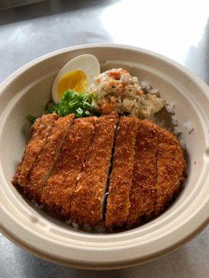 Pork katsu white rice bowl with Mac salad