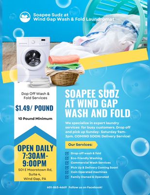 We offer drop off wash & fold services