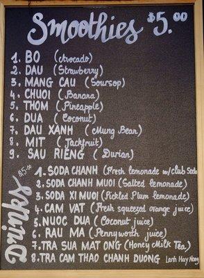 Smoothies and other drink menu