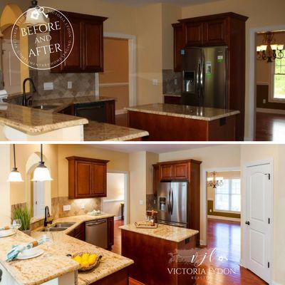 Before and after staging photos from a vacant home in Whispering Pines, NC.