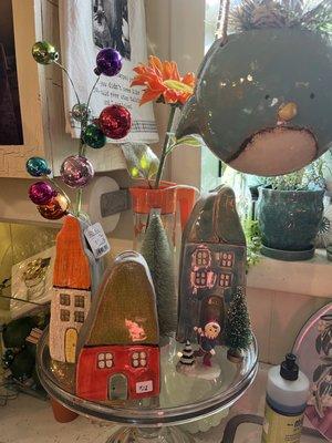 Pottery house vases and hanging bluebird planter