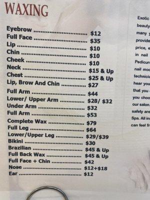 Prices for waxing