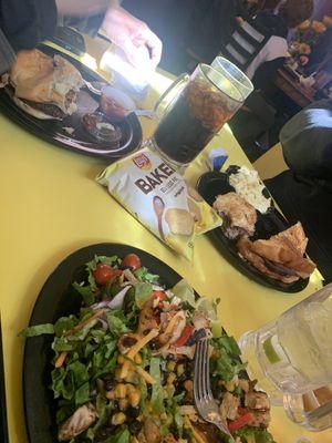 Southwest grilled chicken salad; patty melt with potato salad and bbq brisket burger with chips. Everything was delicious