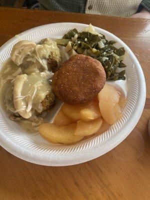 Hot water bread, chicken and dressing, cabbage and collards, and apples